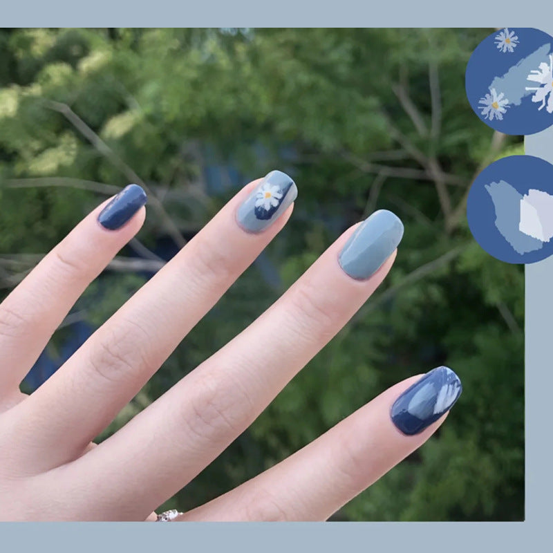 Whimsical Garden Short Square Blue with Floral Design Press on Nail Set