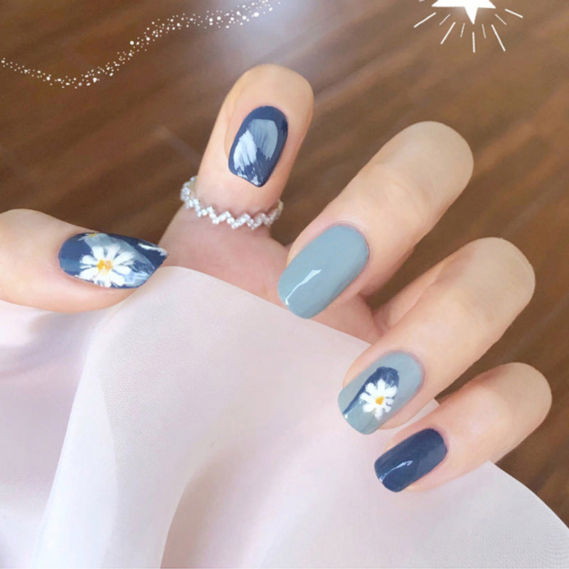 Whimsical Floral Long Square Navy and Grey Press on Nail Set