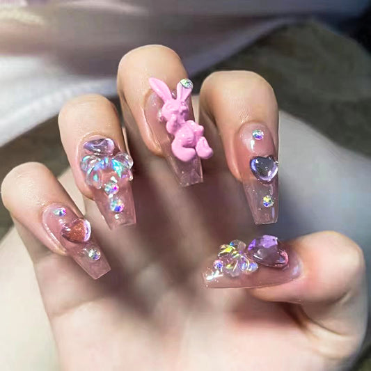 Bunny Crystals Long Coffin Pink Cute Press On Nails