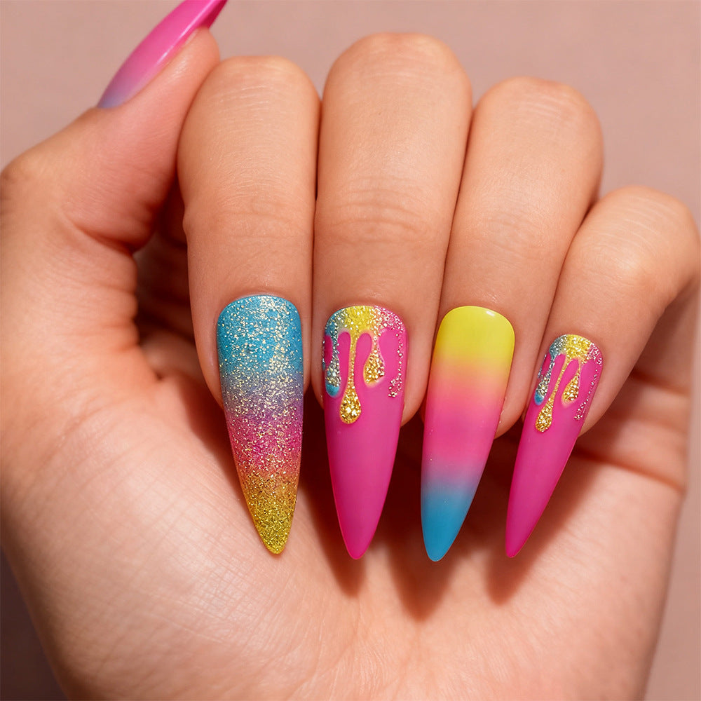 Whimsical Candyland Colorful Long Stiletto Ombre Gradient Press on Nail Set with Sparkling Drip Design