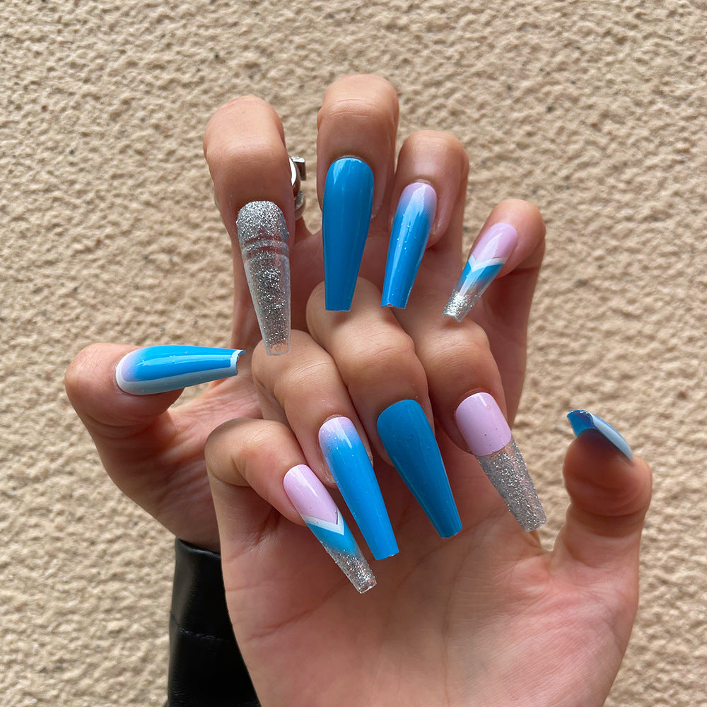 Ocean Breeze Long Coffin Press On Nail Set in Vibrant Blue with Gradient and Glitter Accents