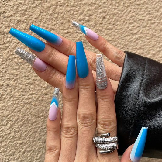 Mermaid Dreams Long Coffin Press On Nail Set Blue Pink and Silver Gradient with Glitter Accent