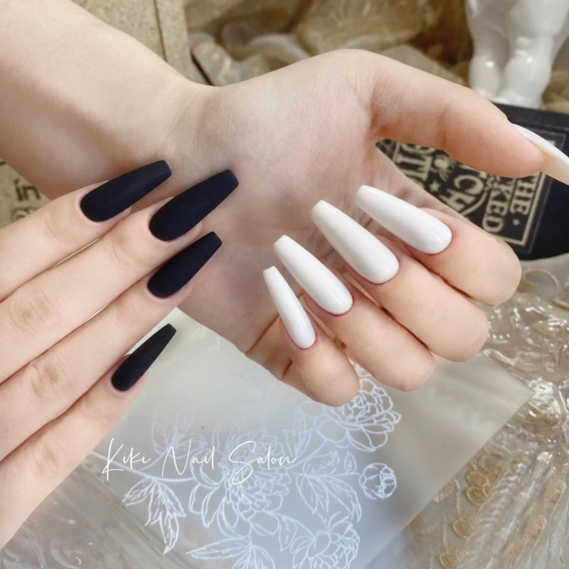 Gothic Elegance Long Coffin Press On Nail Set in Matte Black and Glossy White with Unique Two-Tone Design