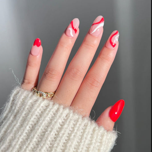 Chic Velvet Dream Medium Almond Shape Blush Pink and Crimson with Swirl Design Nail Set