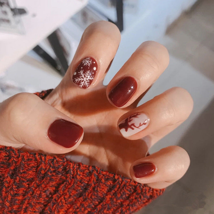 Winter Wonderland Short Square Burgundy Press On Nail Set with Snowflake and Pine Branch Designs