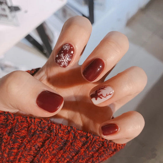 Winter Wonderland Short Square Burgundy Press On Nail Set with Snowflake and Pine Branch Designs