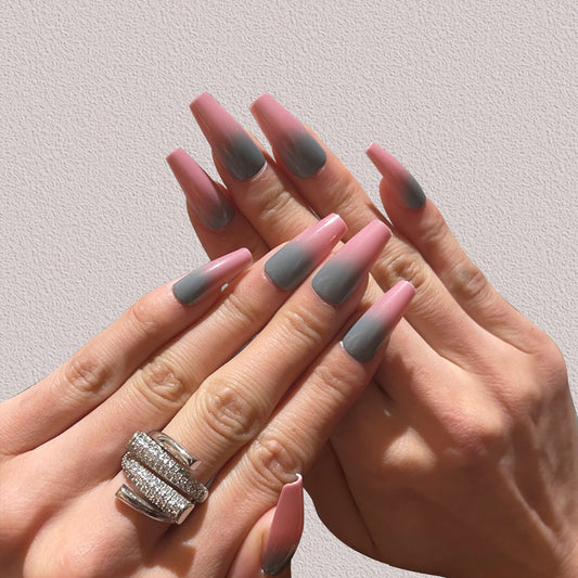 Glamorous Ombre Long Coffin Press On Nail Set in Pink and Gray with Stunning Gradient Finish