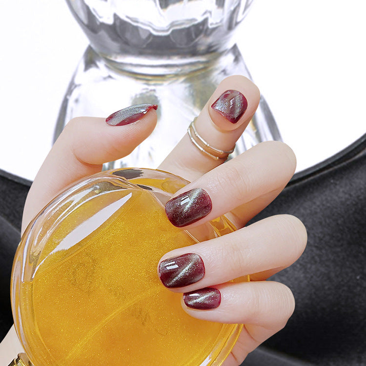 Glamorous Burgundy Square Short Press On Nail Set with Stunning Metallic Shine and Unique Gradient Effect