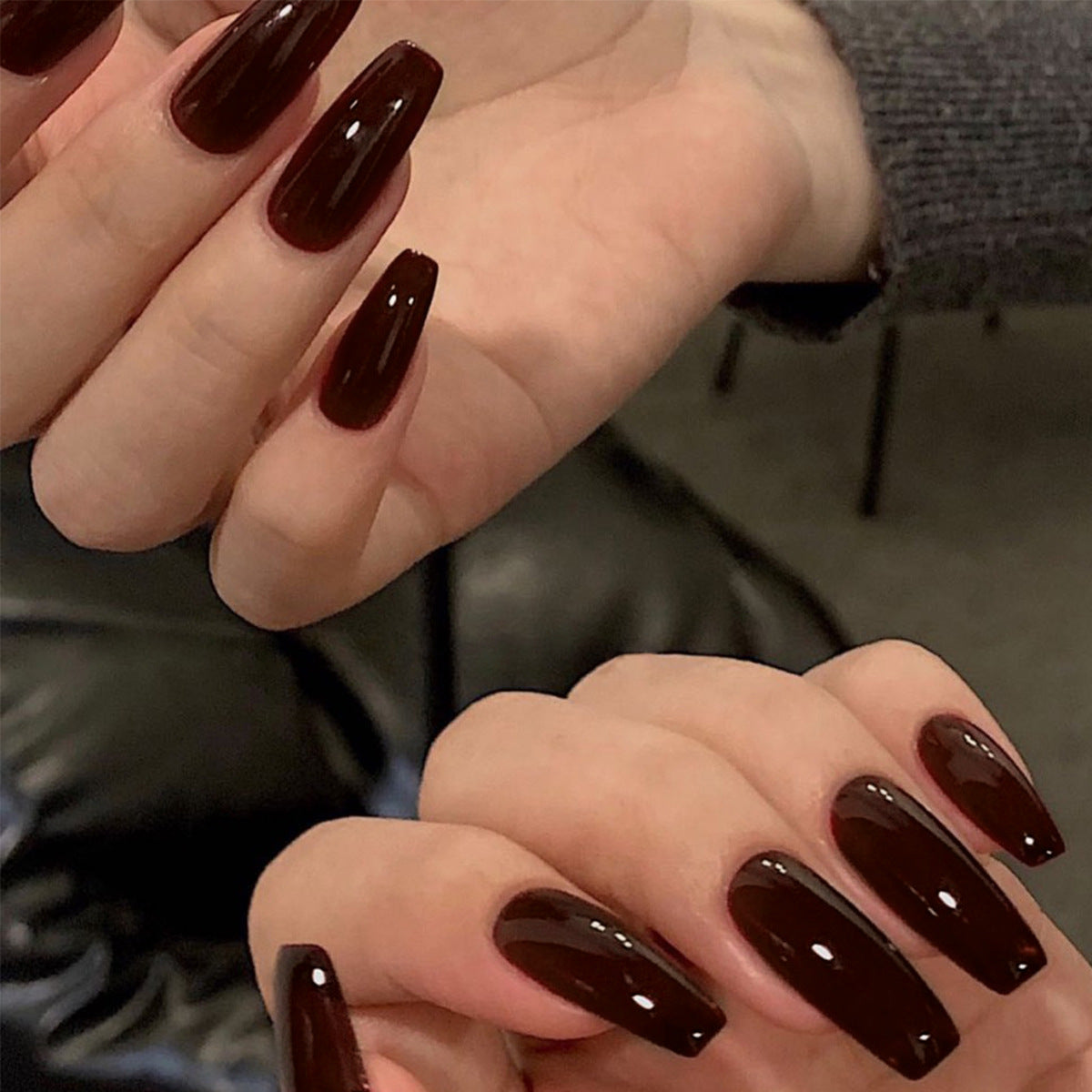 Gothic Elegance Extra Long Coffin Shaped Deep Burgundy Press On Nail Set with Glossy Finish