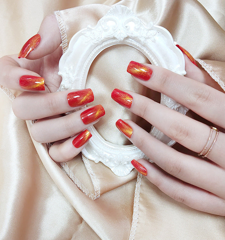 Fiery Sunset Long Square Red and Gold Glitter Press On Nail Set for Stunning Summer Looks