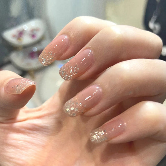 Glittering Elegance Long Square Blush Pink Ombre Sparkle Press On Nail Set