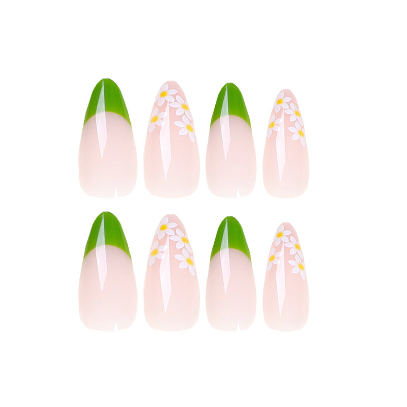 Charming Garden Medium Almond Pastel Pink with Green Tips and Floral Accents Press On Nail Set
