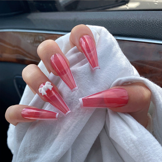 Cherry Blossom Fantasy Long Coffin Pink Press On Nails with White Bow Accents