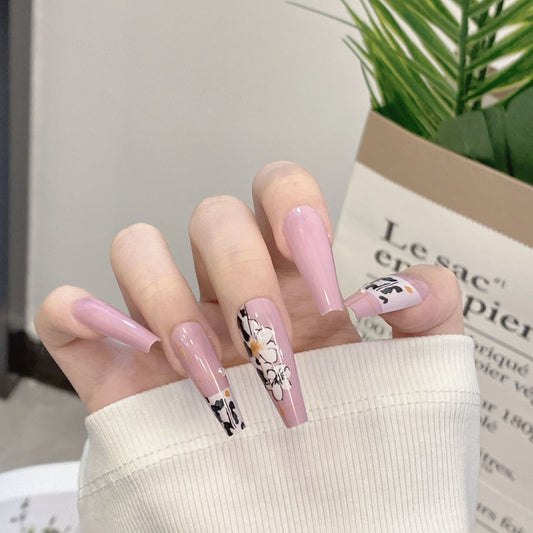 Chic Floral Delight Long Coffin Pink Press On Nails with Elegant Design