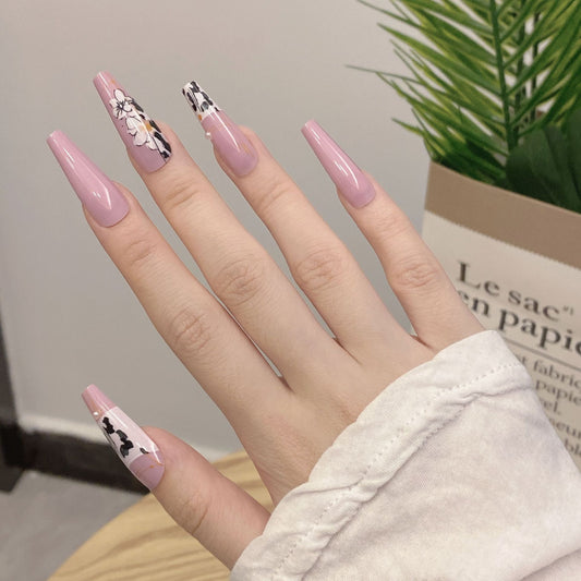 Floral Elegance Long Coffin Press On Nails Lavender with Chic Flower Design