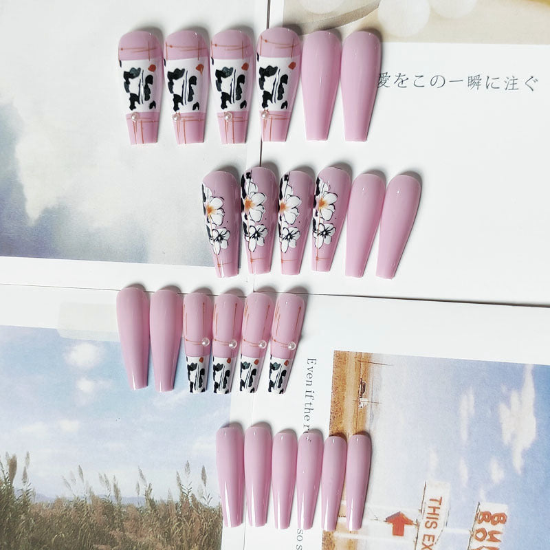 Cowgirl Chic Long Coffin Pink Press On Nail Set with Floral and Cow Print Designs