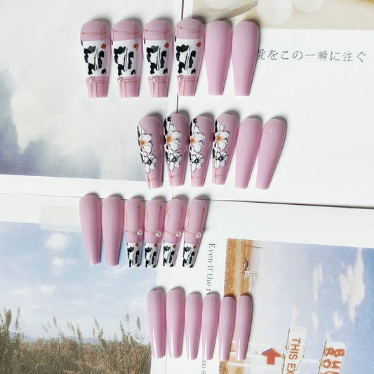 Cowgirl Chic Long Coffin Pink Press On Nail Set with Floral and Cow Print Designs