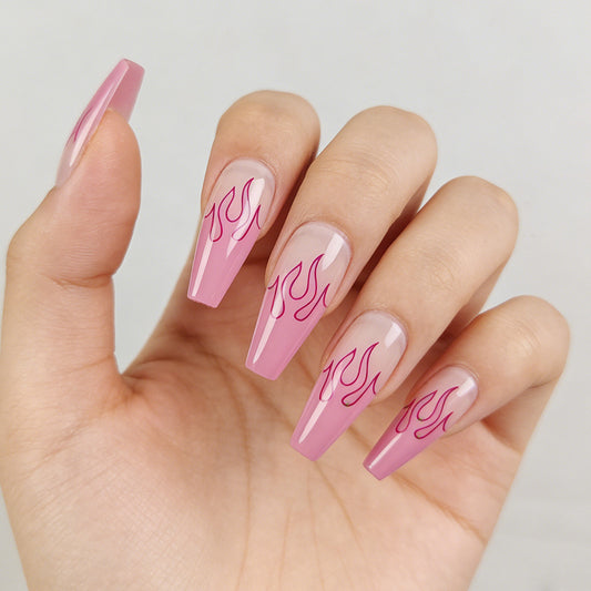 Flame Kisses Long Coffin Pink Press On Nail Set with Stunning Flame Design