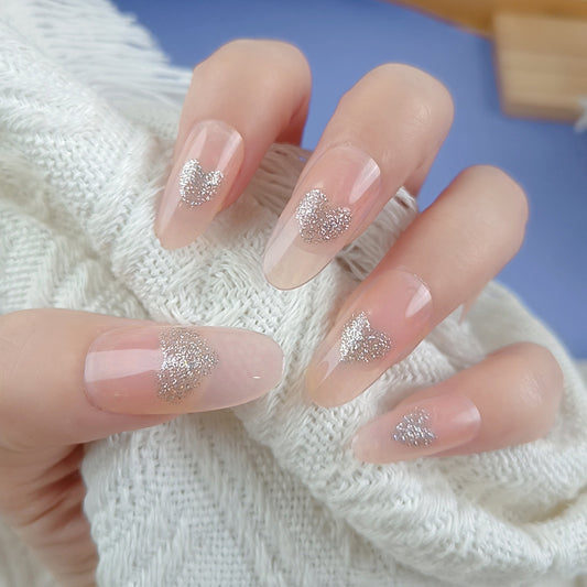 Charming Heart Design Long Almond Transparent Glitter Press On Nail Set
