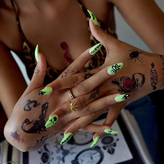 Gothic Fantasy Long Coffin Neon Green Press on Nails with Unique Tattoo-Inspired Designs
