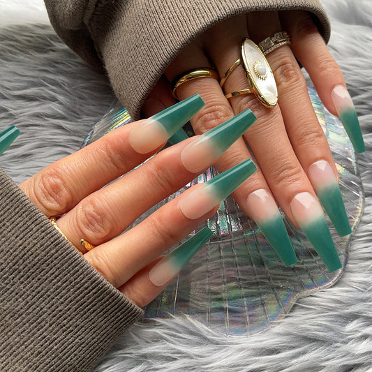 Mystical Ocean Vibes Long Coffin Ombre Green Press On Nail Set with Glossy Finish