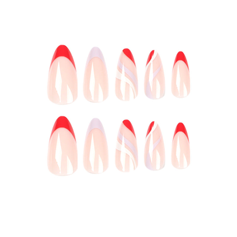 Chic Elegance Medium Almond Peach with Red Accents and Swirl Design Press On Nail Set