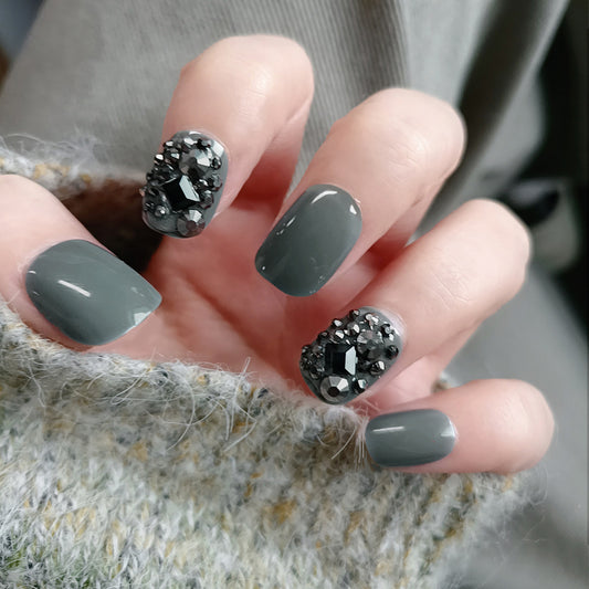 Mystic Elegance Short Square Dark Gray Press On Nail Set with Stunning Gemstone Accents