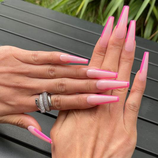 Glamourous Neon Dream Long Coffin Pink and Clear Press On Nail Set with Stunning Ombre Effect