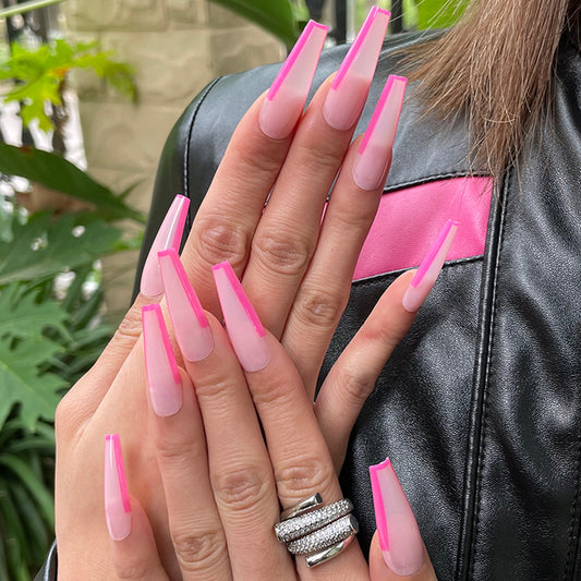 Glamorous Neon Dream Long Coffin Press On Nails Pink Ombre Design with Bold Tips