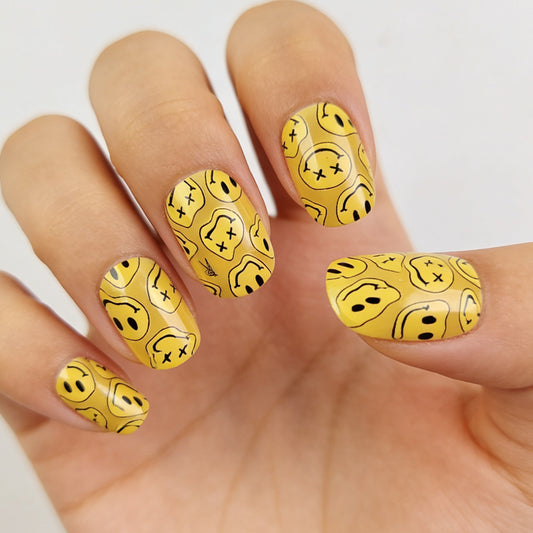 Sunny Vibes Short Squoval Press On Nail Set in Bright Yellow with Playful Smiley Face Design