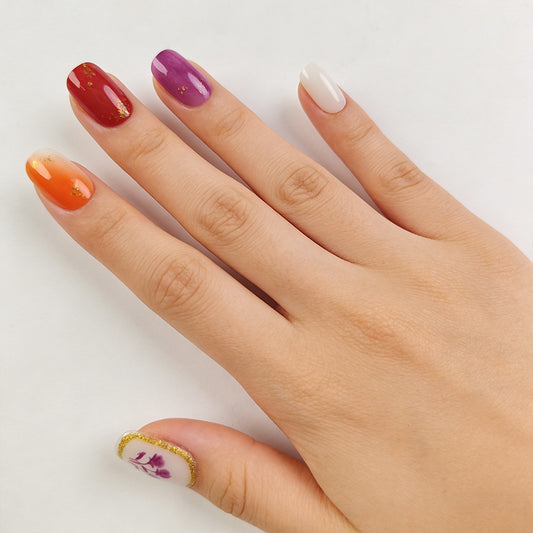 Bohemian Vibes Medium Squoval Multicolored Press On Nail Set with Elegant Floral Accent