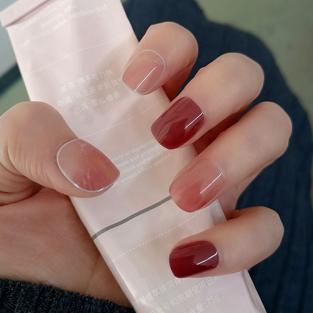 Chic Ombre Elegance Medium Squoval Transparent and Burgundy with Glossy Finish Press on Nail Set