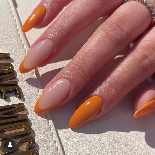 Sunset Ombre Long Almond Press On Nails with Dual-Tone Feature in Warm Amber and Sheer Beige