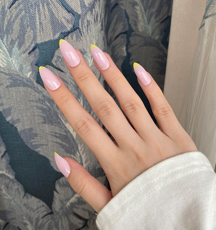 Chic Spring Delight Long Almond Pink Press On Nail Set with Neon Yellow Tips