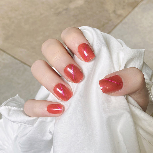 Glamorous Sunset Square Medium Coral Press On Nail Set with Shimmering Pink Stripes