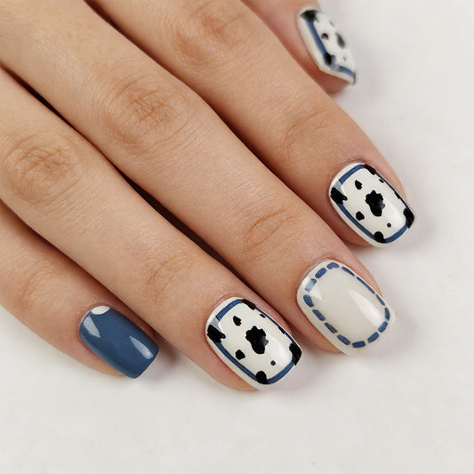 Chic Nautical Press on Nail Set Short Square Medium Blue and White with Unique Geometric Patterns