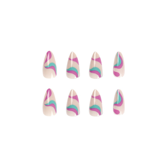 Whimsical Waves Medium Almond Off White with Abstract Purple and Teal Design Press On Nail Set