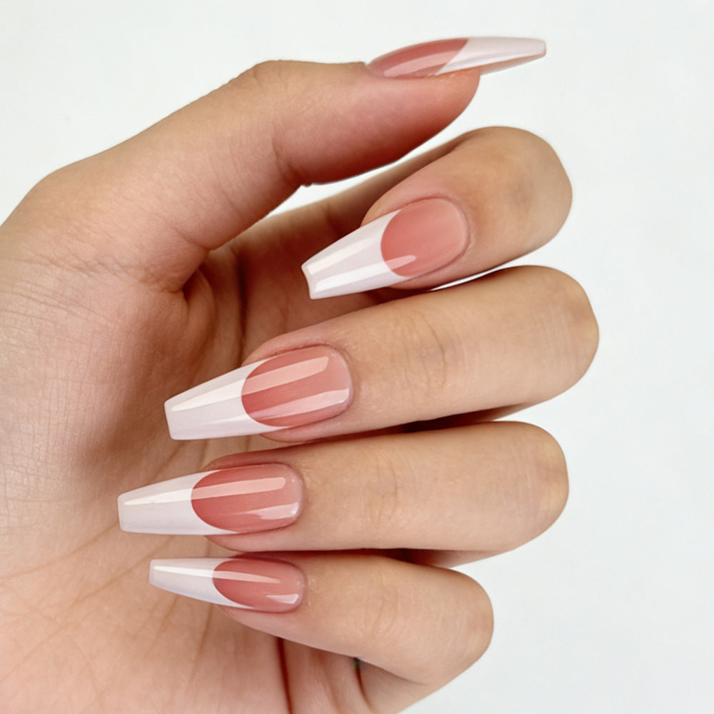 Chic Elegance Long Coffin Shaped Beige and White Glossy Press On Nail Set with Unique Color Block Design
