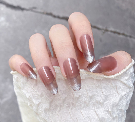Elegant Rose Gold Dream Long Oval Press On Nail Set in Gradient Pink and Silver Glimmer Finish