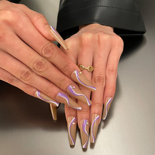 Artistic Elegance Extra Long Coffin Beige with Purple Swirl and Gem Accents Press On Nail Set