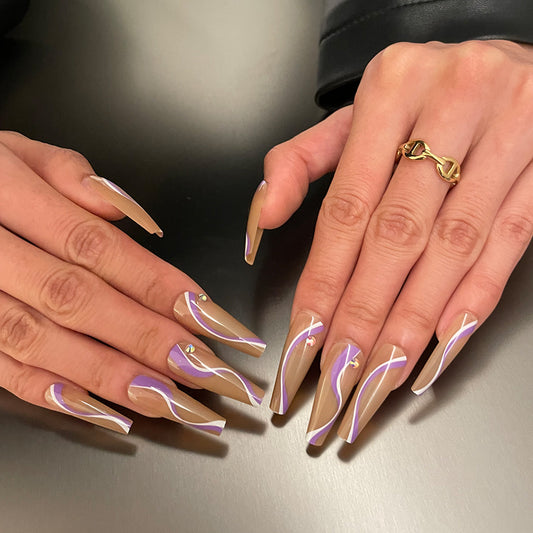 Chic Elegance Long Coffin Nails in Beige and Lavender with Glitter Accent Design