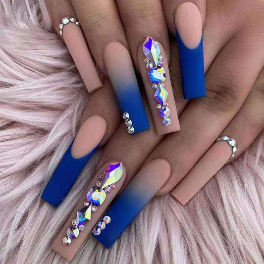 Glamorous Ocean Blue Long Coffin Ballerina Press On Nail Set with Stunning Rhinestone Accents