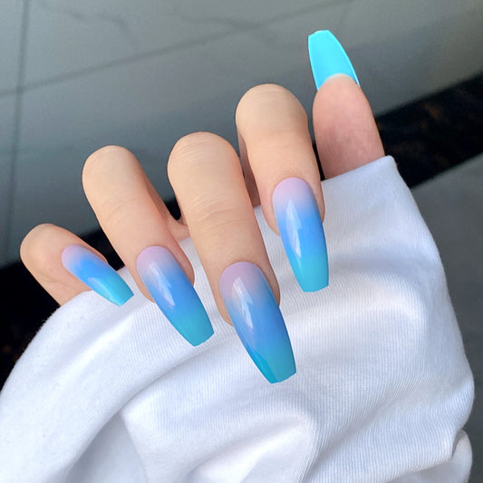Ocean Breeze Extra Long Coffin Shape Gradient Blue Press On Nail Set with Glossy Finish