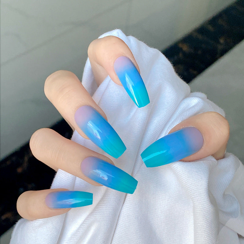 Ocean Breeze Extra Long Coffin Shape Blue Ombre Press On Nail Set with Glossy Finish