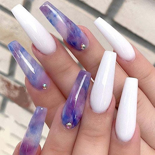 Celestial Dream Long Coffin White and Purple Ombre Press On Nail Set with Crystal Accent