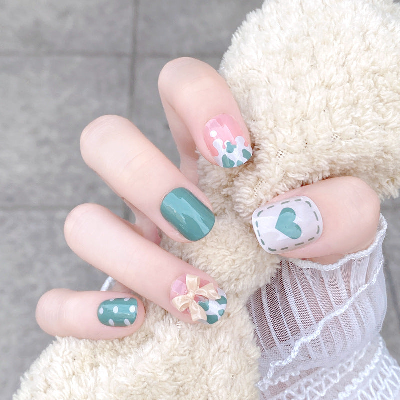 Charming Garden Inspired Medium Square Green and Pink Press On Nail Set with Delightful Heart and Bow Designs