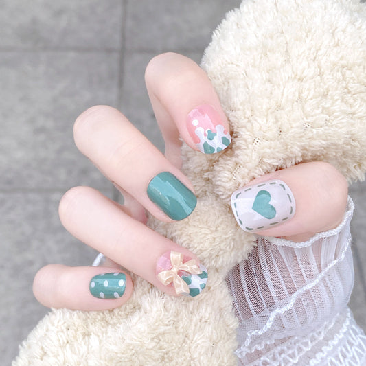 Charming Garden Inspired Medium Square Green and Pink Press On Nail Set with Delightful Heart and Bow Designs