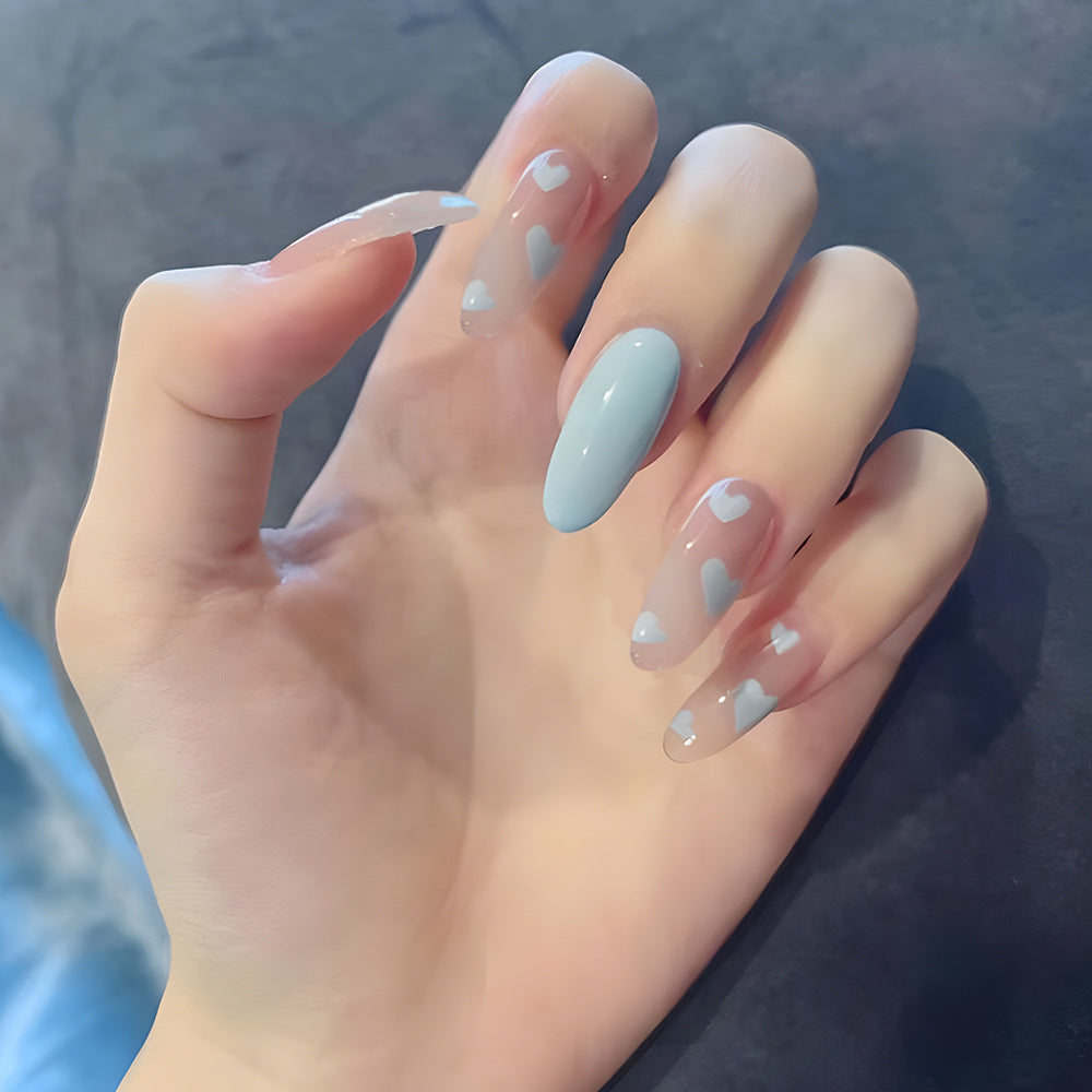 Dreamy Heartfelt Press-on Nail Set Long Almond Shape Soft Blue and Transparent with Charming Heart Tips