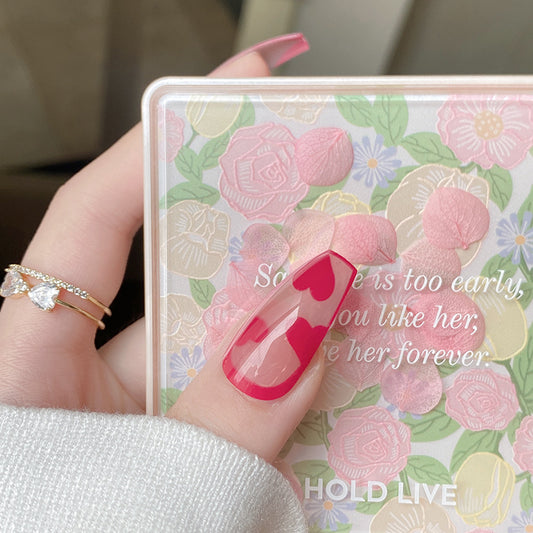 Romantic Heartfelt Long Coffin Red Press On Nail Set with Unique Love Print Design