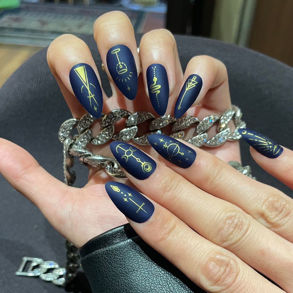 Celestial Elegance Long Almond Matte Navy Blue Press-On Nail Set with Unique Gold Symbol Design
